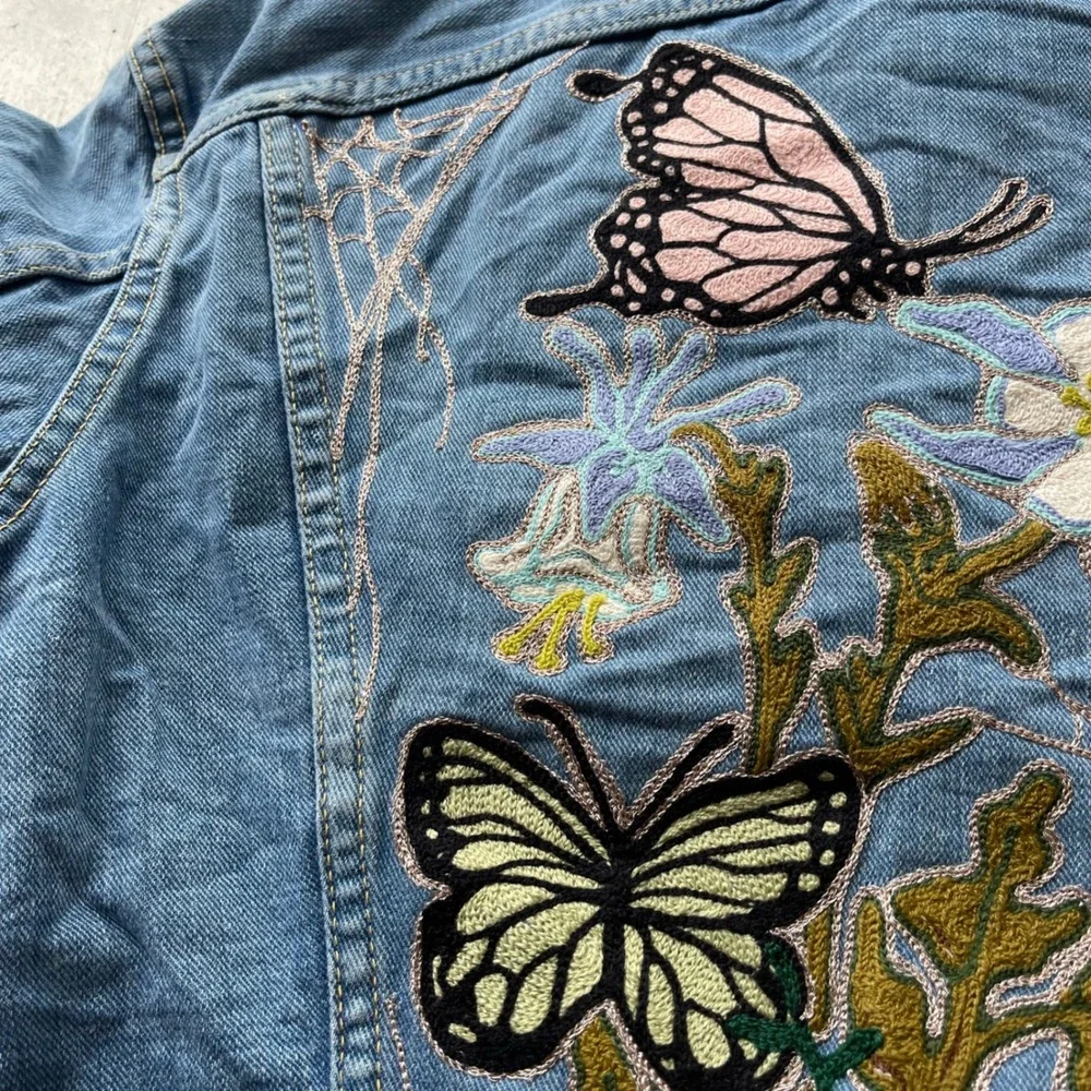 Vintage 70s Lee 101J Denim Jacket Chain Stitch Butterfly Embroidery Blue Mens